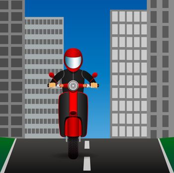Scooter rides on an asphalt road in the middle of the city. Vector Image.
