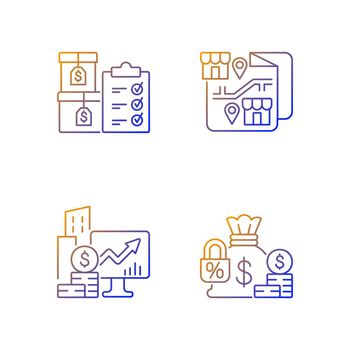 Company stocks and franchising gradient linear vector icons set