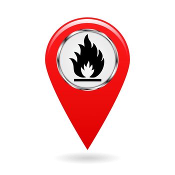Map pointer. Index of flammable substances in the area map. Safety symbol. The red object on a white background. Vector illustration.