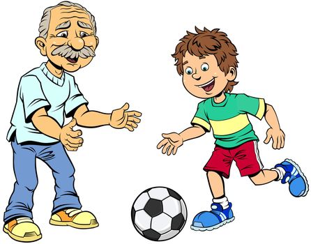 Grandfather with grandson playing soccer.