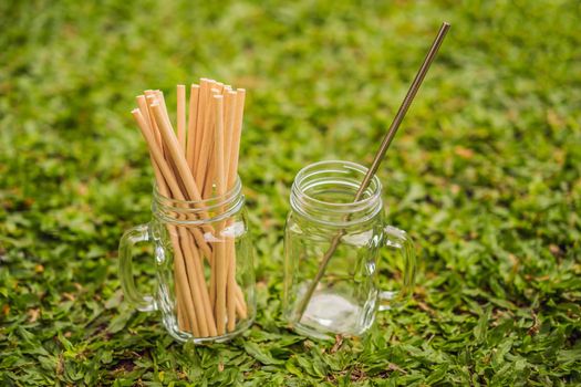 Steel drinking vs disposable straws on grass background. Zero waste concept