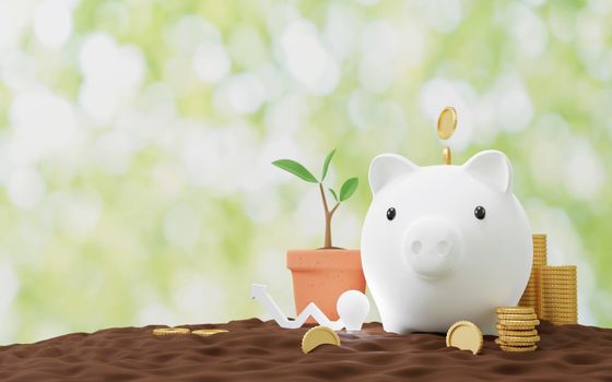 Piggy bank with gold coin on the ground Saving concept 3D render
