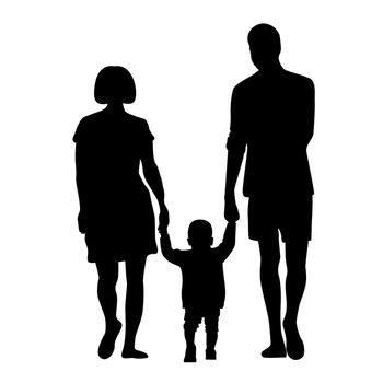 Man and woman holding child hands silhouette isolated vector illustration