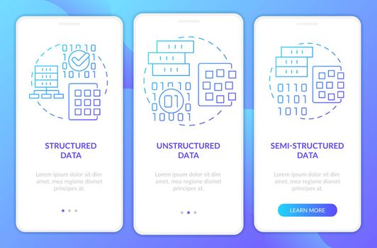 Types of big data blue gradient onboarding mobile app screen