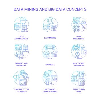Data mining and big data blue gradient concept icons set