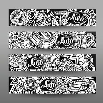 Graphics vector hand-drawn sketchy trace Automotive Doodle banners