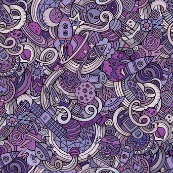 Cartoon hand-drawn doodles on the subject of space seamless pattern