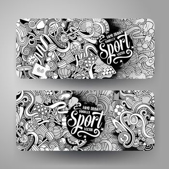 Cartoon cute line art vector hand drawn doodles Sport corporate identity. 2 horizontal banners design. Templates set