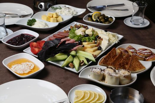 Organic, fresh traditional turkish village breakfast on wooden table