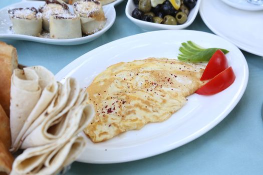 Organic, fresh traditional turkish village breakfast on wooden table