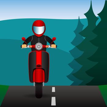 Scooter rides on asphalt roads in the forest. Vector Image.