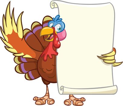 Illustration of a cartoon turkey character holding parchment scroll menu for thanksgiving holidays. Vector turkey with blank paper for message