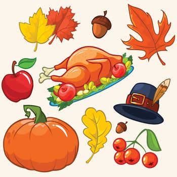 Set of colorful cartoon icons for thanksgiving day: pumpkin, autumn leaves, pilgrim hat, turkey, akorn, apple, cranberries 