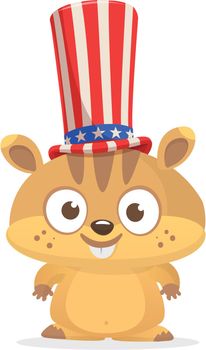 Funny cartoon hamster or chipmunk wearing Uncle Sam hat. Marmot character design for  American Independence Day