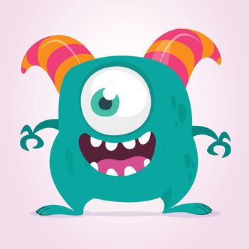 Cute cartoon monster  with horns with one eye. Smiling monster emotion with big mouth. Halloween vector illustration