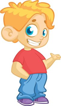 Cute blonde young boy waving and smiling. Vector cartoon  illustration of a teenager in red t-shirt presenting. Icon