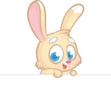Cartoon bunny rabbit holding blank empty scroll of paper or sign for text. Vector illustration of bunny isolated.