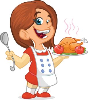 Cartoon cute little girl in apron serving roasted thanksgiving turkey dish