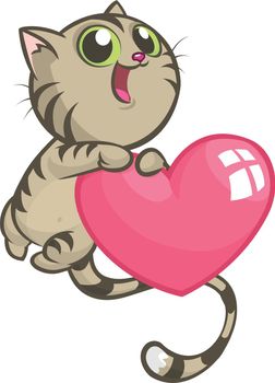 Cartoon funny kitty holding a heart love. Vector illustration for St Valentines Day. Isolated