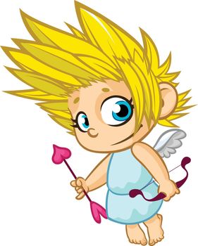 Cute cartoon cupid baby boy character with wings holding bow and arrows