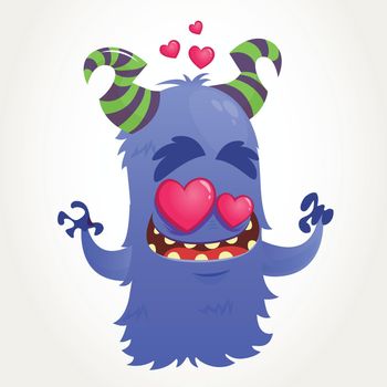 Cartoon blue horned monster in love. Saint Valentine monster. Vector Illustration Of Loving Monster And Hearts. Invitation card for party