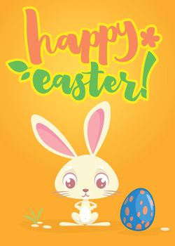 Happy Easter lettering card with cartoon bunny rabbit. Hand drawn lettering poster for Easter. Modern calligraphy vector