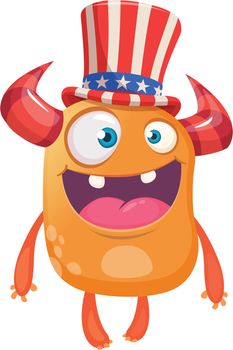 Cartoon funny monster wearing Amirican uncle Sam hat on USA Independence Day . Vector illustration of alien creature character