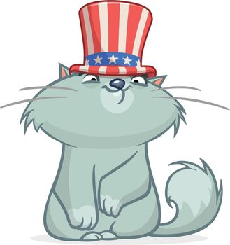 Funny cartoon fat cat sitting and wearing Uncle Sam hat. Kitty character design for  American Independence Day. Vector illustration for print, poster or invitation