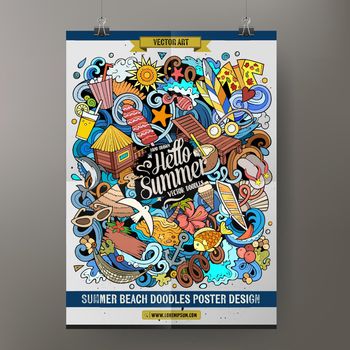 Cartoon vector doodles Summer Beach poster template.