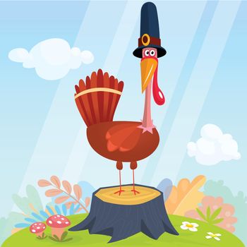 Cartoon illustration of a happy cute turkey wearing a pilgrim hat and standing on stump and colorful nature background. Vector illustration isolated. 