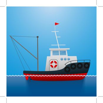 Tugboat. Fisherman ship. Cartoon style. Funny picture. Vector Image.