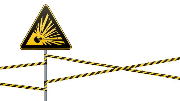 Caution - danger Warning sign safety. Explosive substances. yellow triangle with black image. sign on the pole and protecting ribbons. Vector illustration.