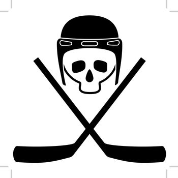 Skull in helmet and crossed hockey sticks. Black and white icon. White background. Isolated objects. Vector Image.