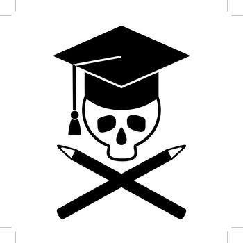 Skull in cap of graduate and crossed pencils.. Black and white picture. Vector illustrations