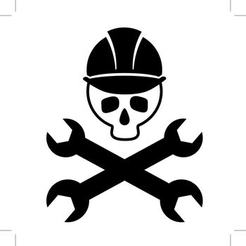 Black and white picture of the skull in the construction helmet with crossed wrenches. Icon skull. Isolated. Vector Image.