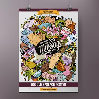 Massage hand drawn doodles illustration. Spa salon objects and elements cartoon doodle background. Vector color poster design template