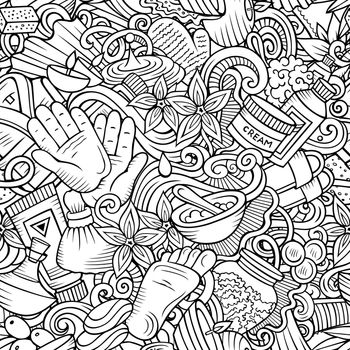 Massage hand drawn doodles seamless pattern. Spa therapy background. Cartoon relax fabric print design. Line art vector illustration. All objects are separate.