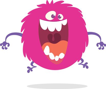 Cute cartoon monster screaming or laughing with big mouth. Vector illustration of pink round monster character for Halloween