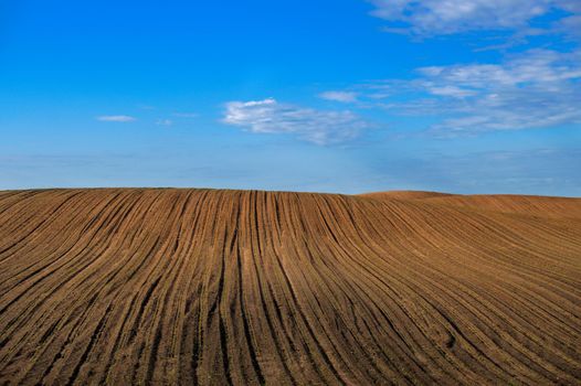 Newly ploughed agricultural field under cloudy blue sky