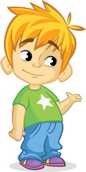 Cute blonde boy waving and smiling. Vector cartoon  illustration of a boy presenting
