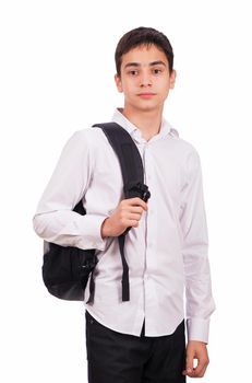 schoolboy in white shirt with backpack isolated on white background