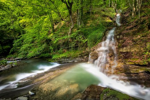 beautiful waterfall at the wild forest in the mountain, Bulgaria