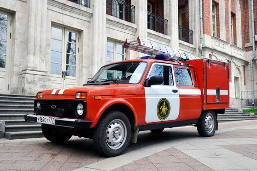 Fire rescue vehicle. Red rescue vehicle based on a Niva car.