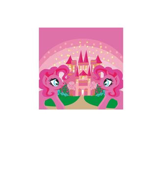 Card with a cute unicorns rainbow and fairy-tale princess castle