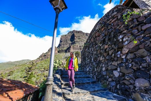 woman on Mountain village Masca on Tenerife, Spain. Tenerife landmark landscape.