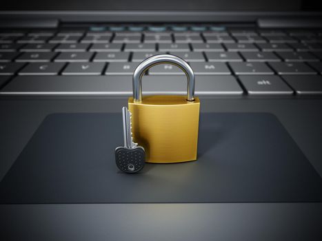 Padlock and key standing on laptop computer. 3D illustration