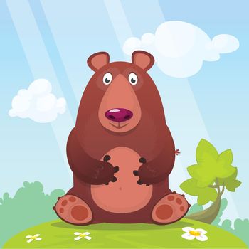 Cartoon bear sitting in the green summer meadow Vector illustration