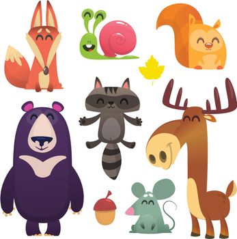 Cartoon forest animals set. Flat vector illustrations design. Squirrel, snail, raccoon, mouse, fox,deer or moose, bear
