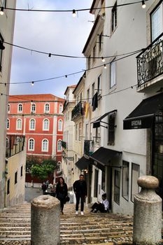 Narrow and colorful streets of Lisbon in Spring