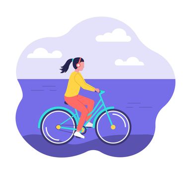 Concept of healthy active lifestyle. Woman in headphones rides bicycle along the beach, the shore. Vector flat illustration